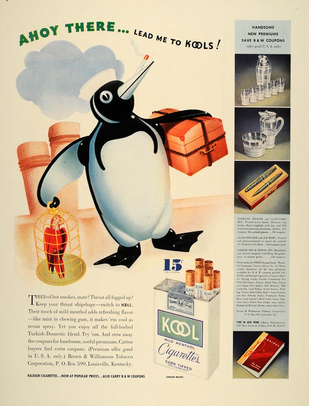1937 Ad Kool Cigarettes Smoking Penguin B & W Coupons - ORIGINAL ADVERTISING FT8