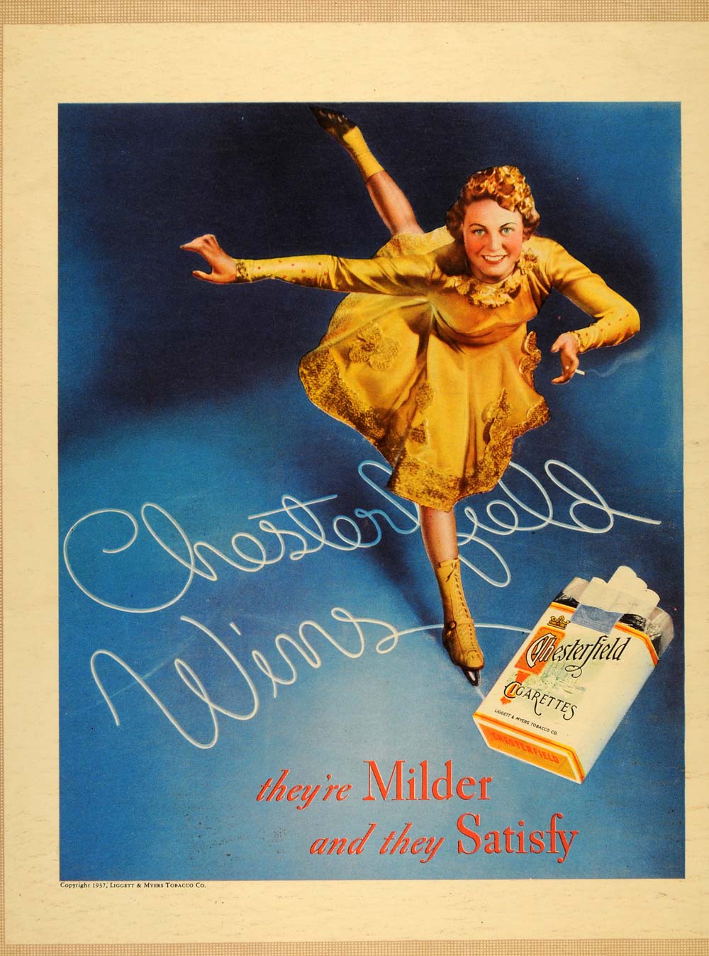 1937 Ad Chesterfield Cigarettes Figure Ice Skater Woman - ORIGINAL FT8
