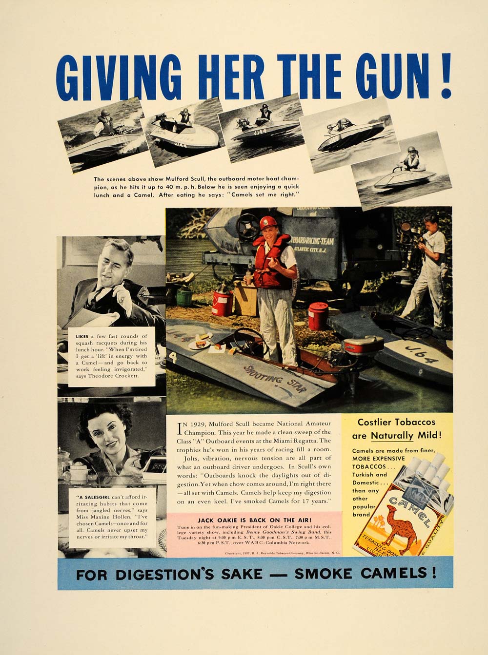 1937 Ad Camel Cigarettes Mulford Scull Outboard Motor - ORIGINAL ADVERTISING FT8