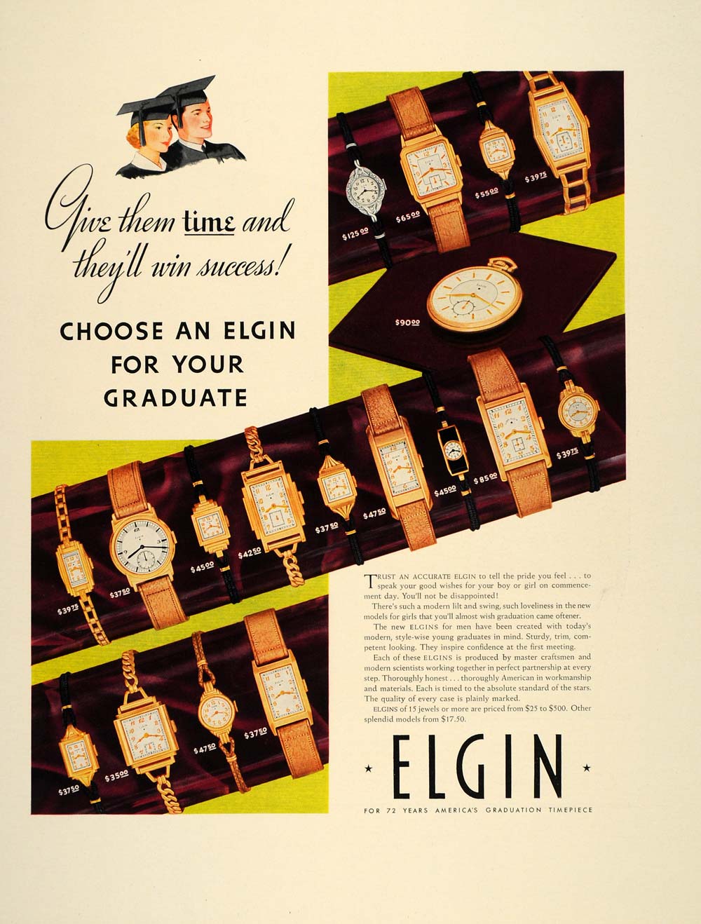 1937 Ad Elgin Watches Wristwatch Graduation Mens Ladies - ORIGINAL FT8