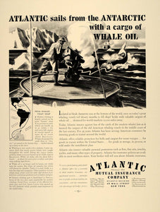 1937 Ad Atlantic Insurance Whaling Whale Oil Antarctic - ORIGINAL FT8