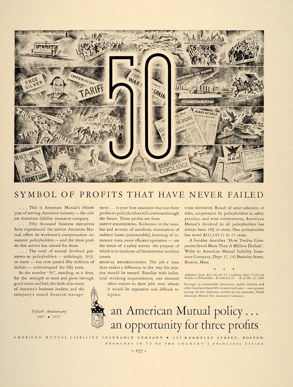 1937 Ad American Mutual Liability Co. 50th Anniversary - ORIGINAL FT8
