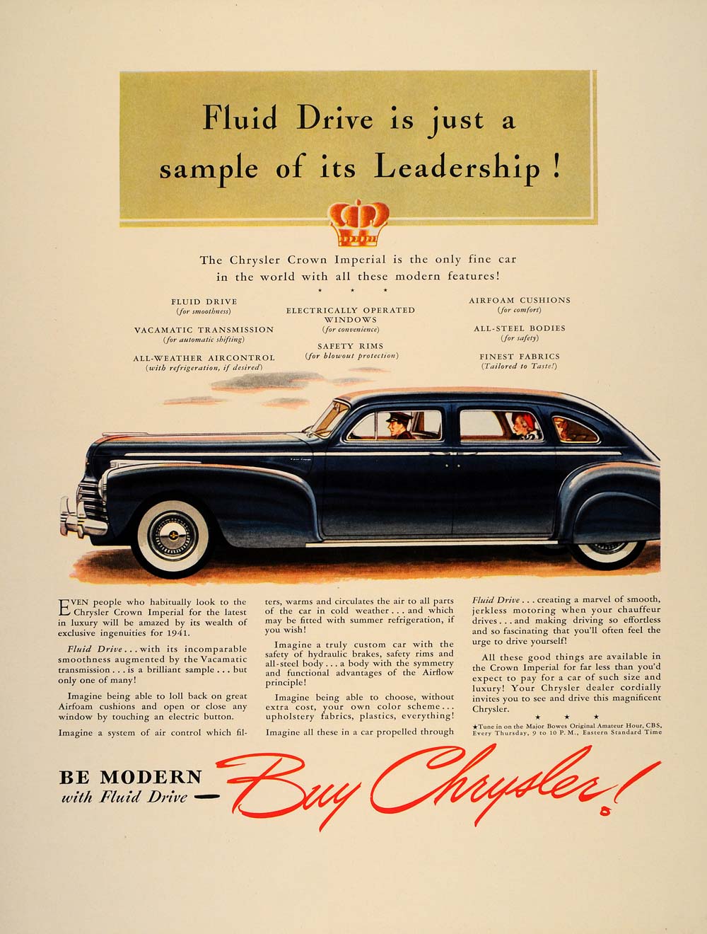 1941 Ad Vintage Blue Chrysler Crown Imperial Car Auto - ORIGINAL ADVERTISING FT8