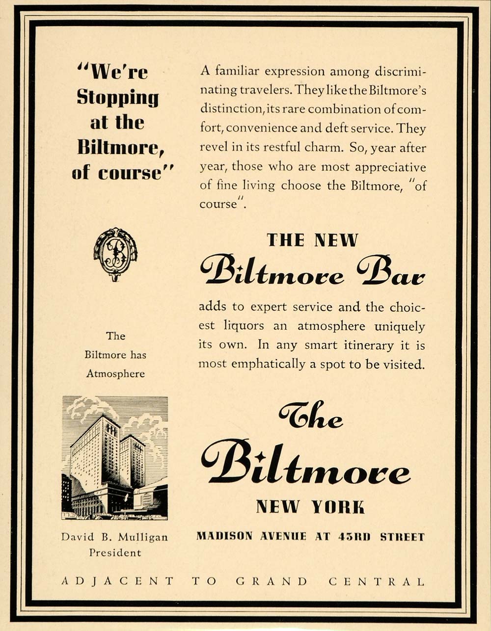1936 Ad Biltmore Bar Grand Central David Mulligan Hotel - ORIGINAL FT9