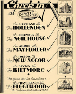 1936 Ad DeWitt Hotel Hollenden Mayflower Biltmore Miami - ORIGINAL FT9
