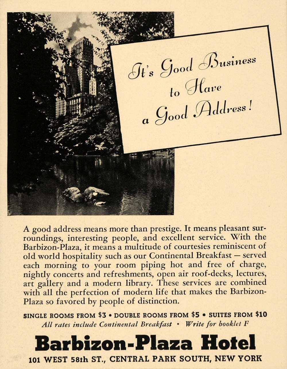 1936 Ad Barbizon Plaza Hotels Continental Breakfast - ORIGINAL ADVERTISING FT9