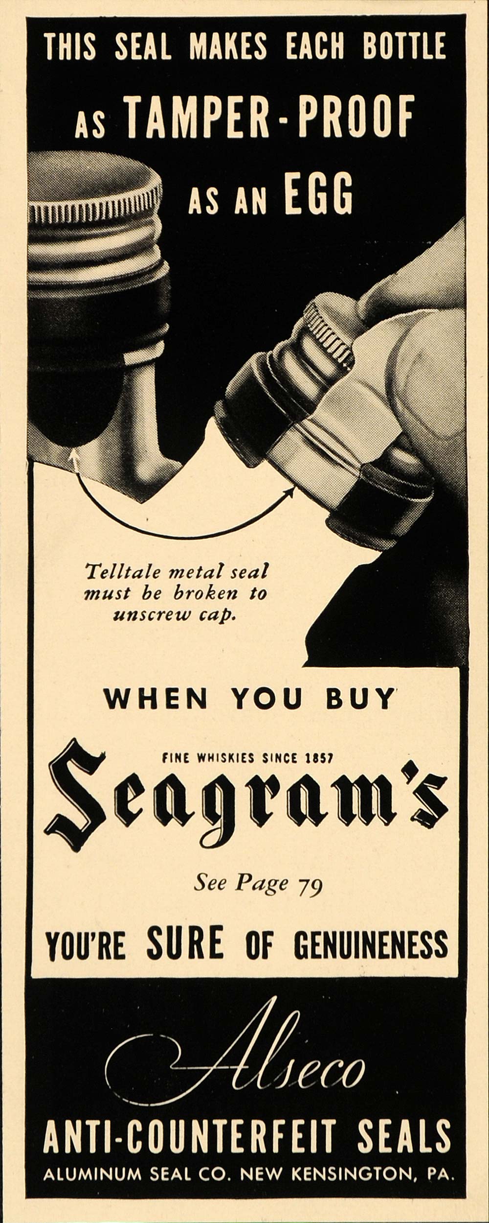 1936 Ad Seagram Tamper Proof Bottle Whiskey Alseco Seal - ORIGINAL FT9