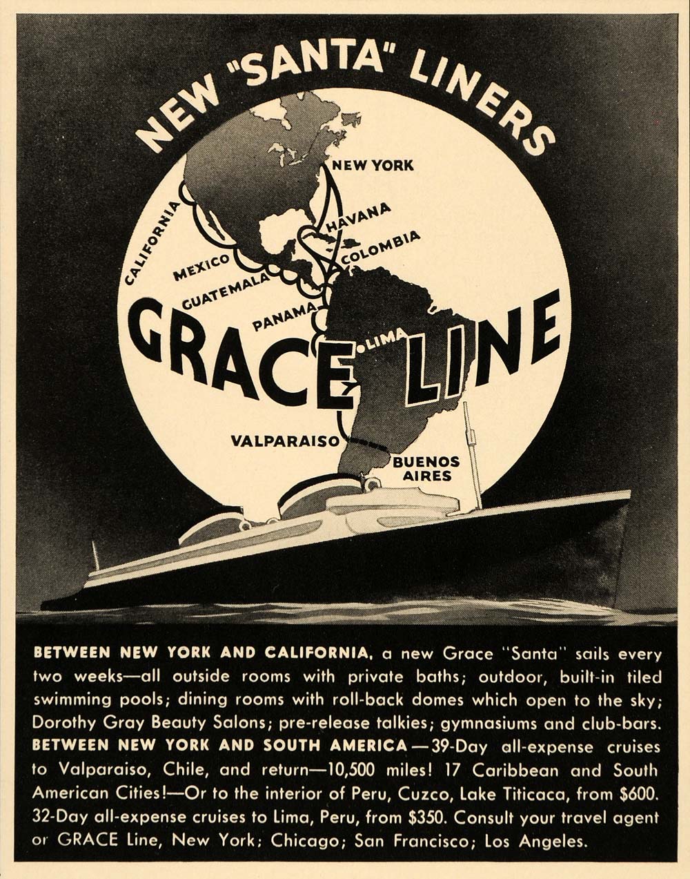 1936 Ad Grace Liners Cruiser Santa Sail Vacation Rooms - ORIGINAL FT9