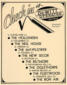 1936 Ad DeWitt Hotels Oglethorpe Hollenden Fleetwood - ORIGINAL ADVERTISING FT9