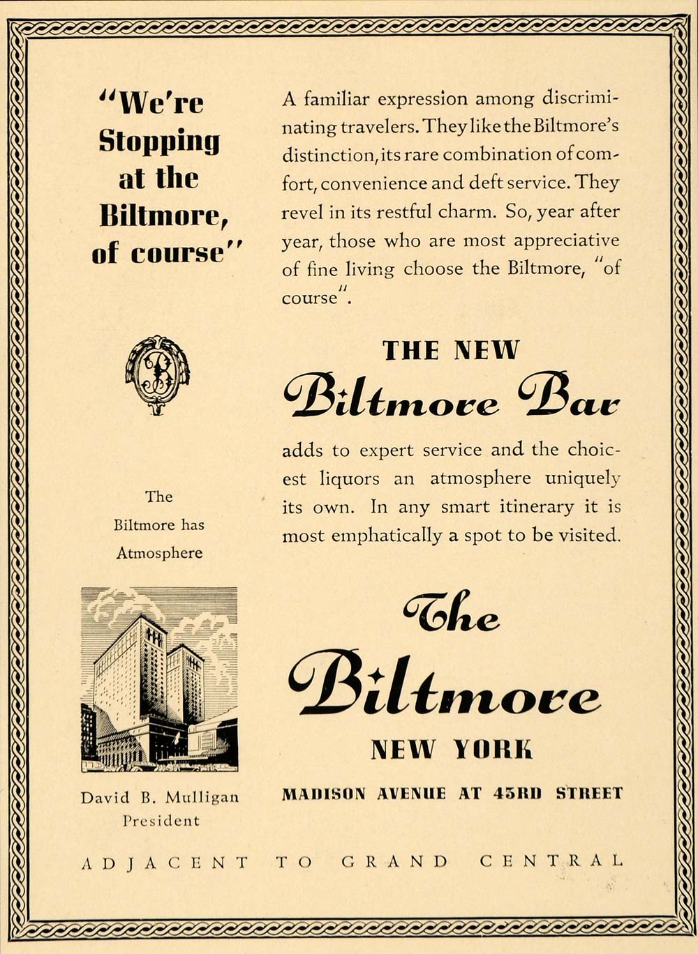 1936 Ad Biltmore DeWitt Bar Hotel Service Grand Central - ORIGINAL FT9