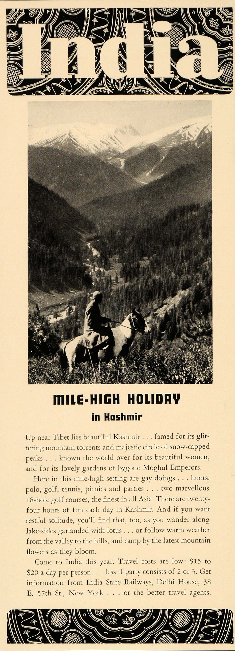 1936 Ad India Holiday Kashmir Tibet Moghul Emperor Rail - ORIGINAL FT9