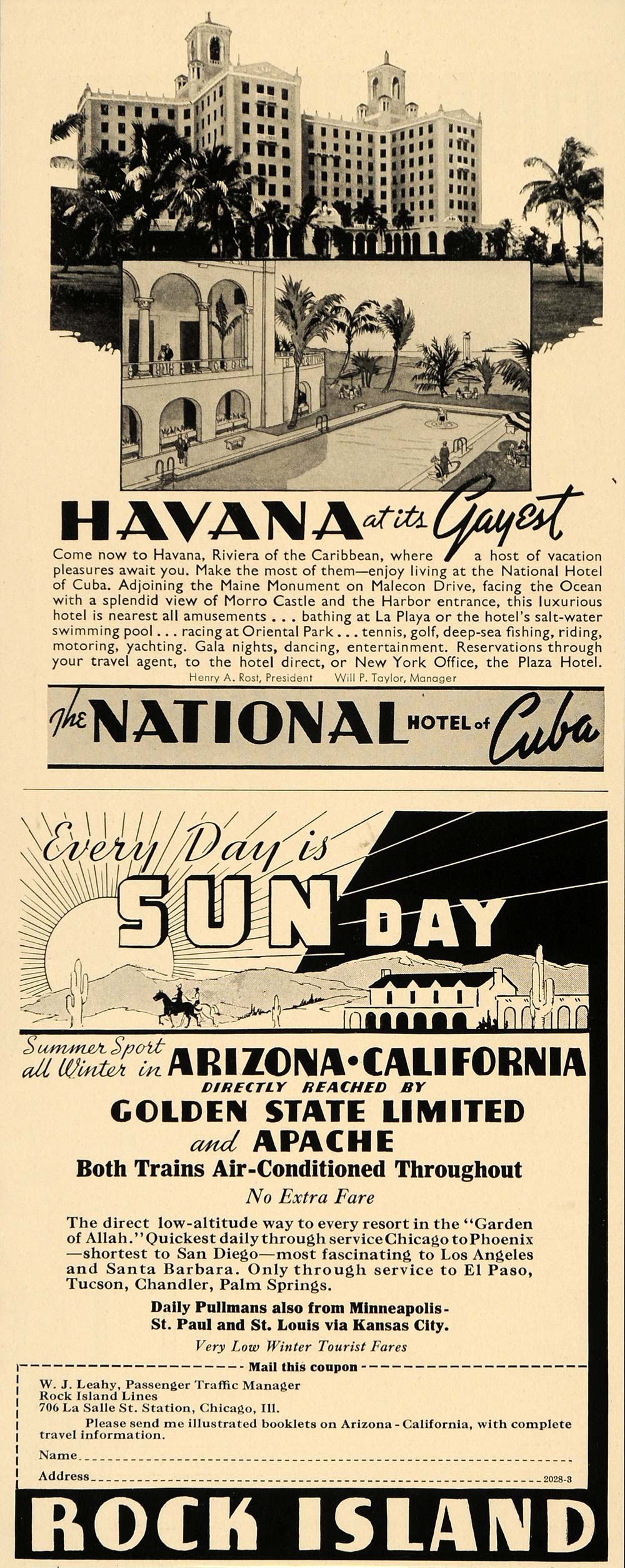 1936 Ad Havana Hotel Cuba Sun Rock Island Arizona Heat - ORIGINAL FT9
