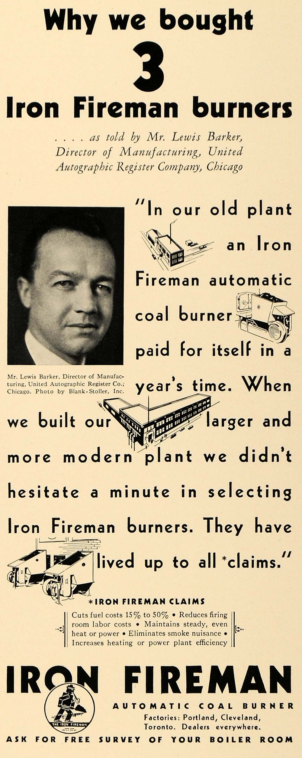 1933 Ad Iron Fireman Burners Lewis Barker Register Coal - ORIGINAL FT9
