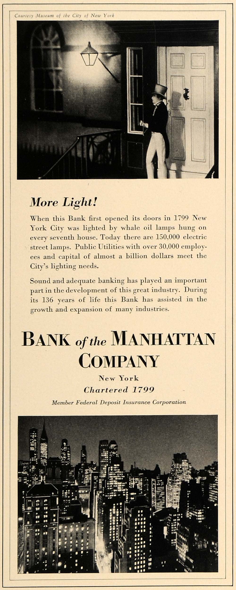 1936 Ad Bank Manhattan Light Banking Money New York - ORIGINAL ADVERTISING FT9