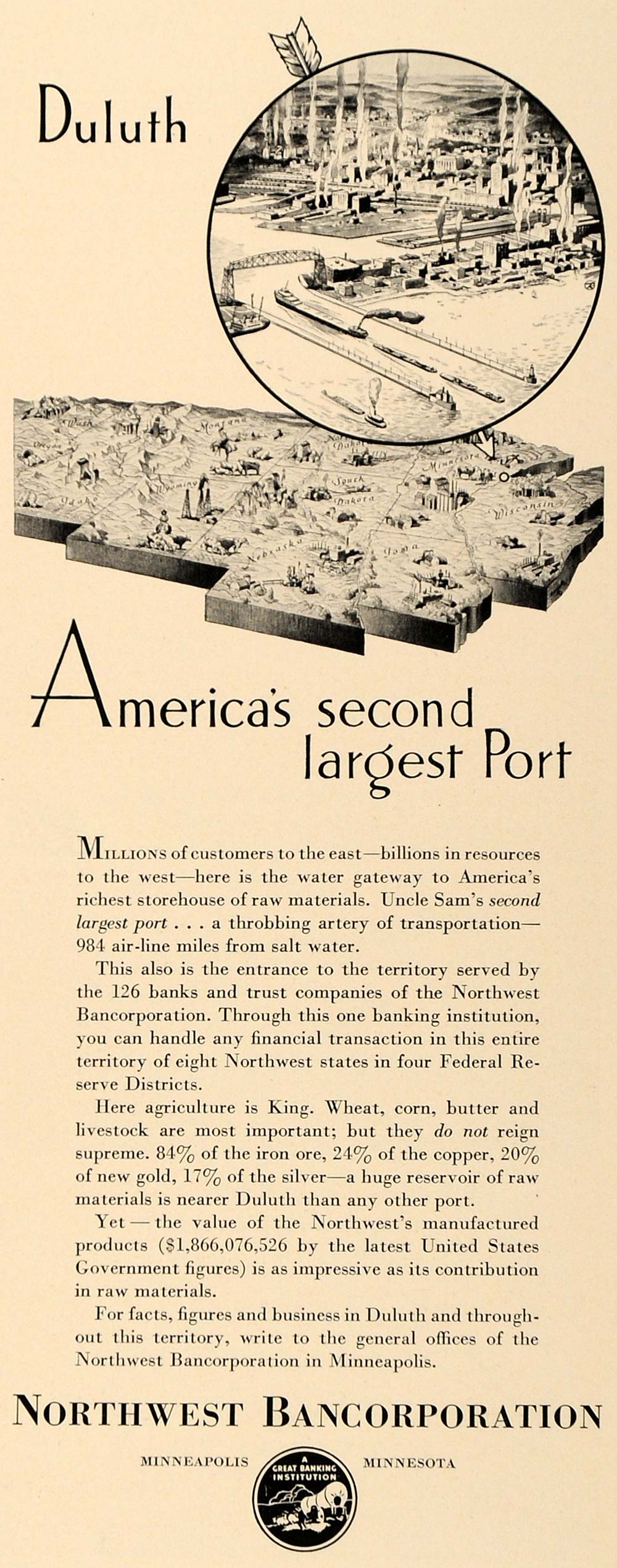 1933 Ad Northwest Bancorporation Duluth Uncle Sam Port - ORIGINAL FT9