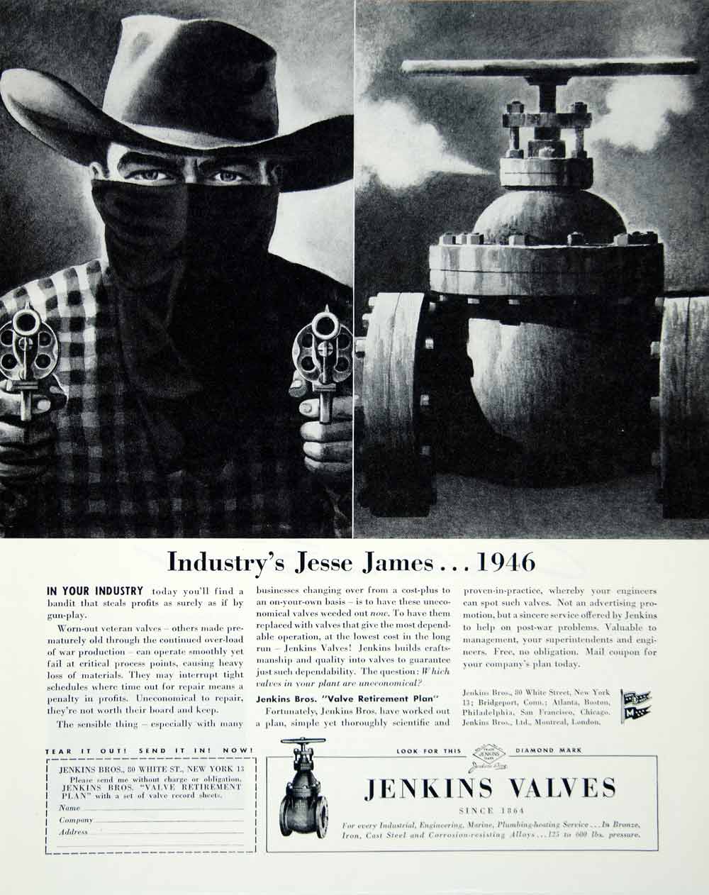 1946 Ad Jenkin Valves Western Cowboy Gun Jesse James Machinery Industrial FTM1