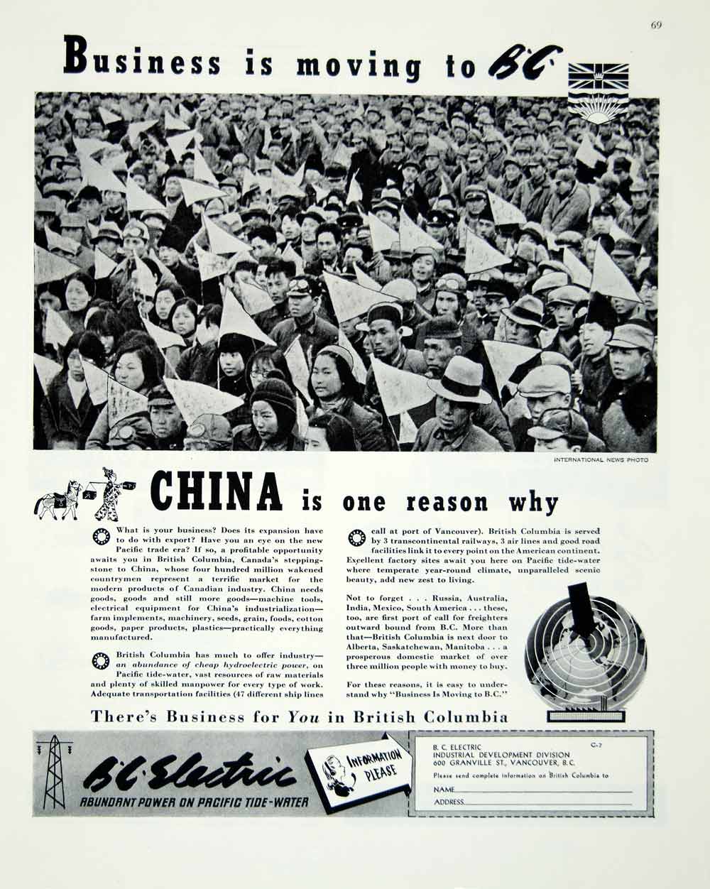 1946 Ad British Columbia Electric China Crowd Power Company Tide Water FTM1
