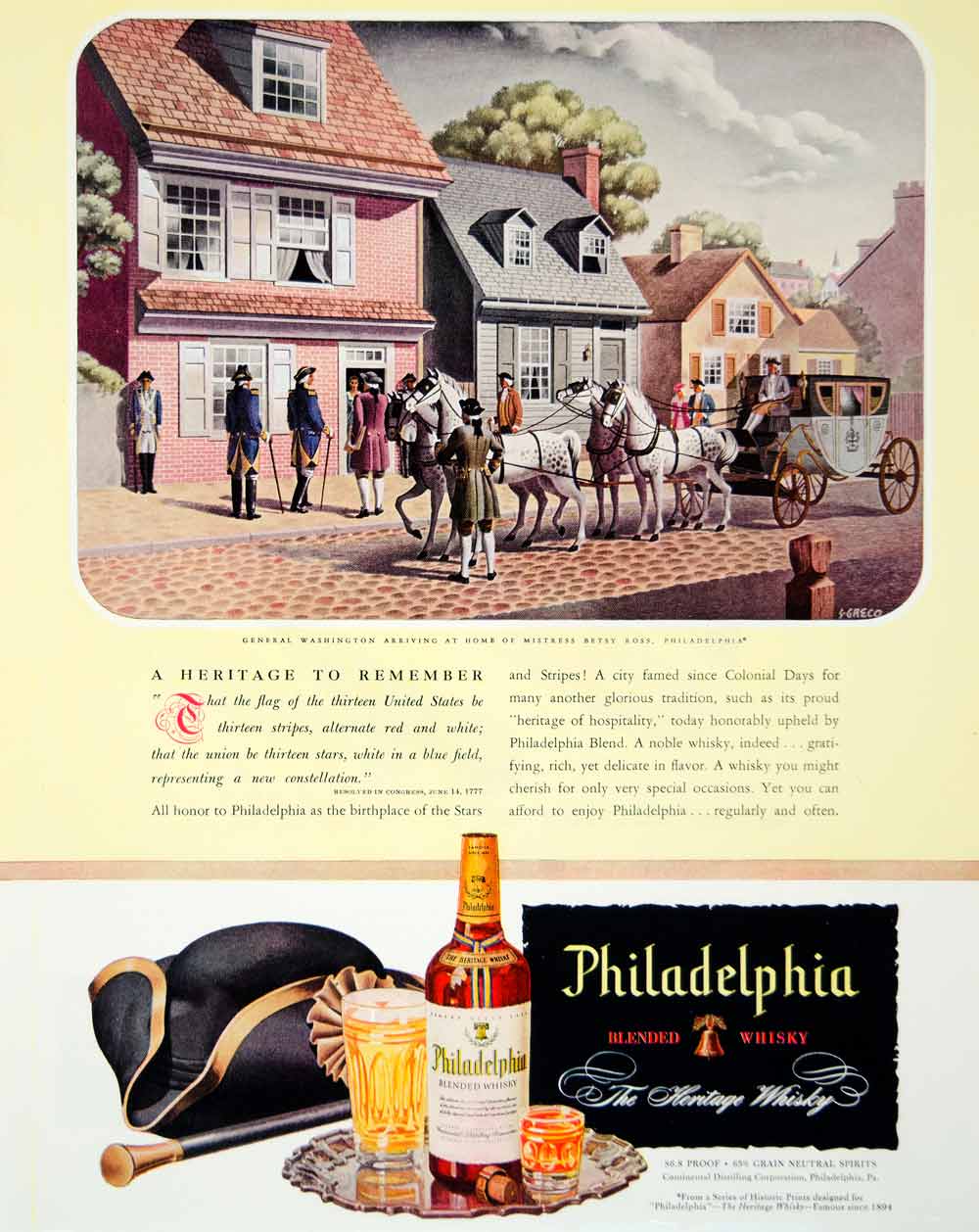 1946 Ad Philadelphia Blended Whisky General Washington Betsy Ross Cityscape FTM1