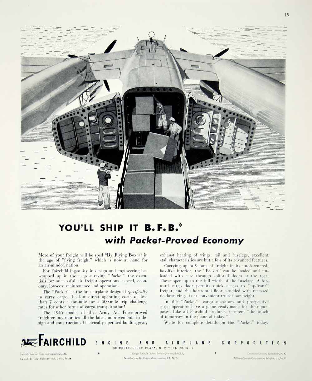 1946 Ad Fairchild Engine Airplane Corporation Aviation Shipping Boxcar FTM1