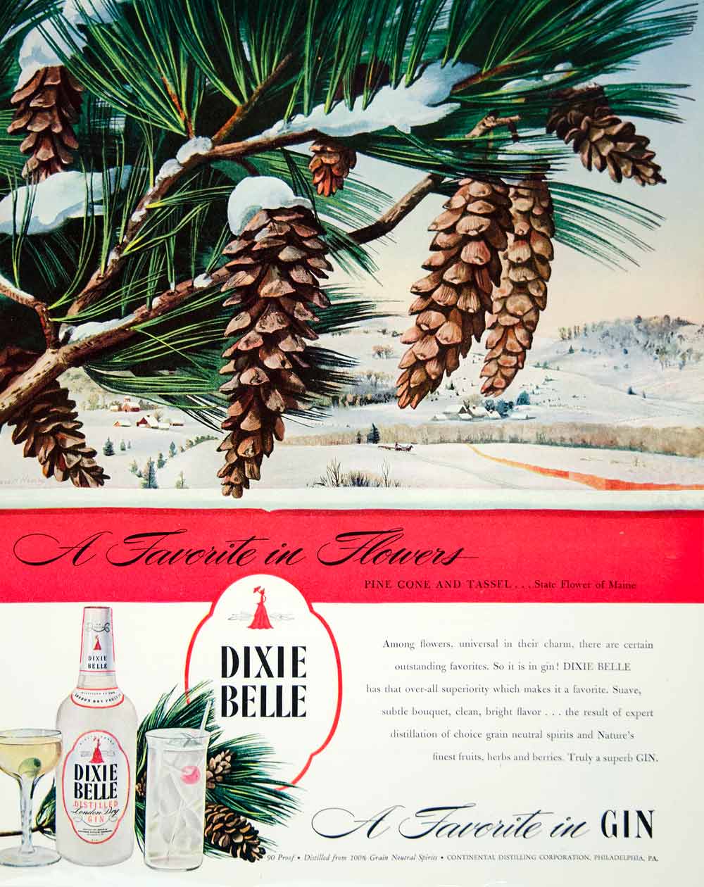 1946 Ad Dixie Bell Distilled Gin Pine Cone Winter Snow Alcohol Beverage FTM1