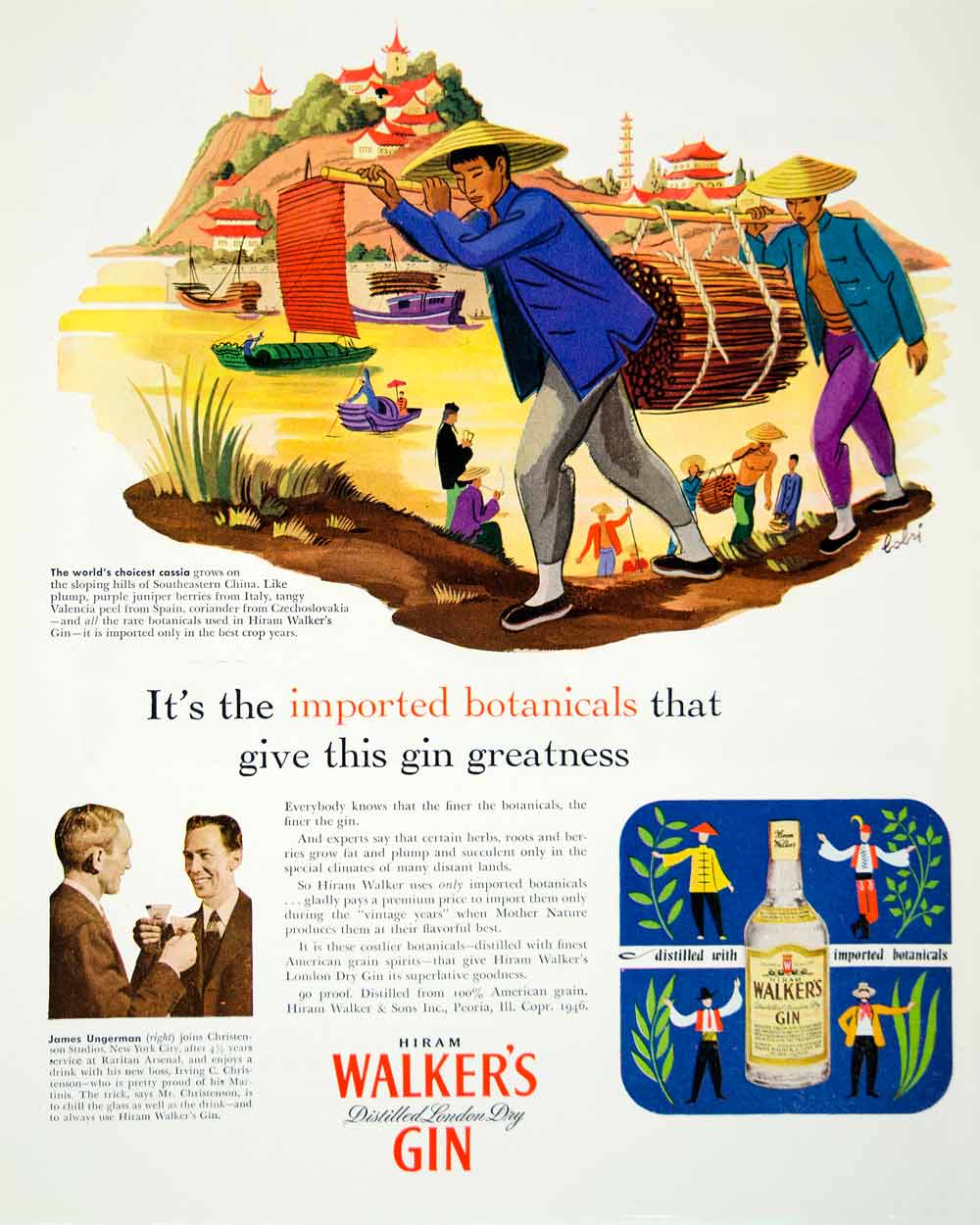 1946 Ad Hiram Walker London Dry Gin Chinese Work Lobri Alcohol Beverage FTM1