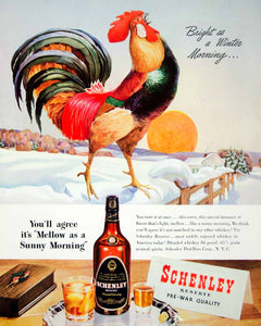 1946 Ad Schenley Blended Whiskey Rooster Farm Animal Snow Winter Alcohol FTM1