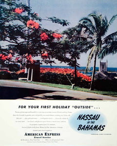 1946 Ad American Express Travel Service Nassau Bahamas Street Scene Flowers FTM1