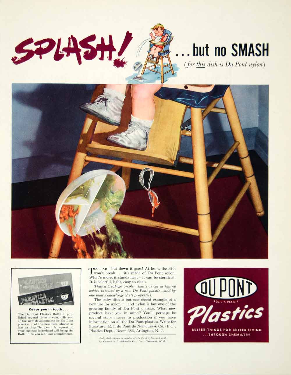 1946 Ad Du Pont Plastics Nylon Chemistry Child Highchair Baby Food Dish FTM1