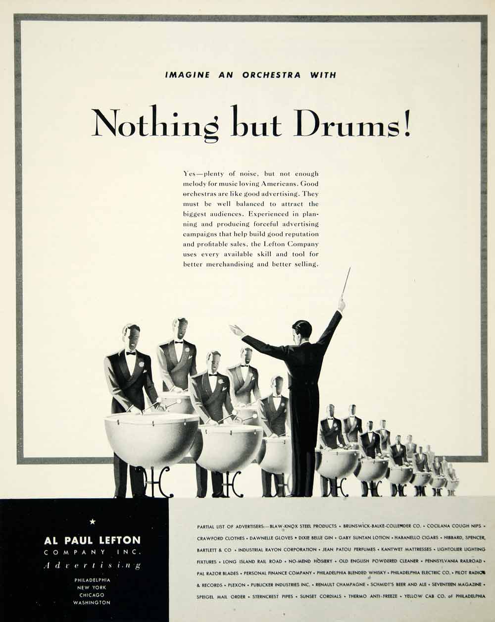 1946 Ad Al Paul Lefton Company Drums Orchestra Music Instruments Agency FTM1