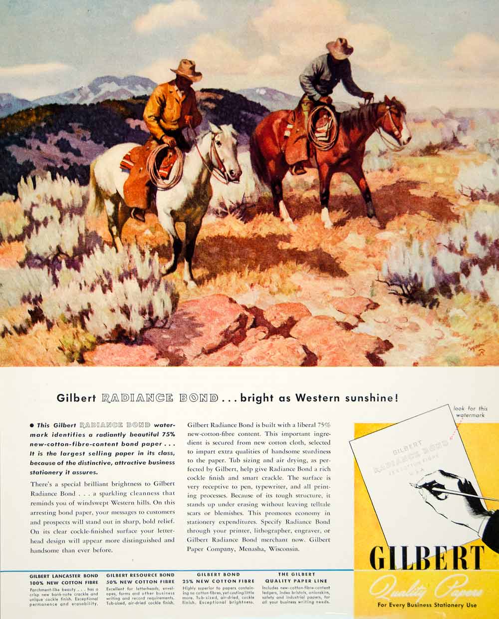 1946 Ad Gilbert Quality Papers Radiance Bond Western Cowboys Horses FTM1