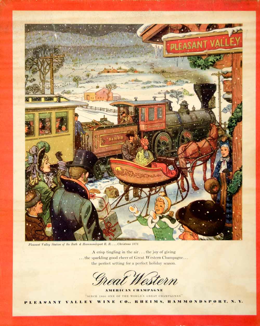 1946 Ad Great Western American Champagne Pleasant Valley Station Train FTM1