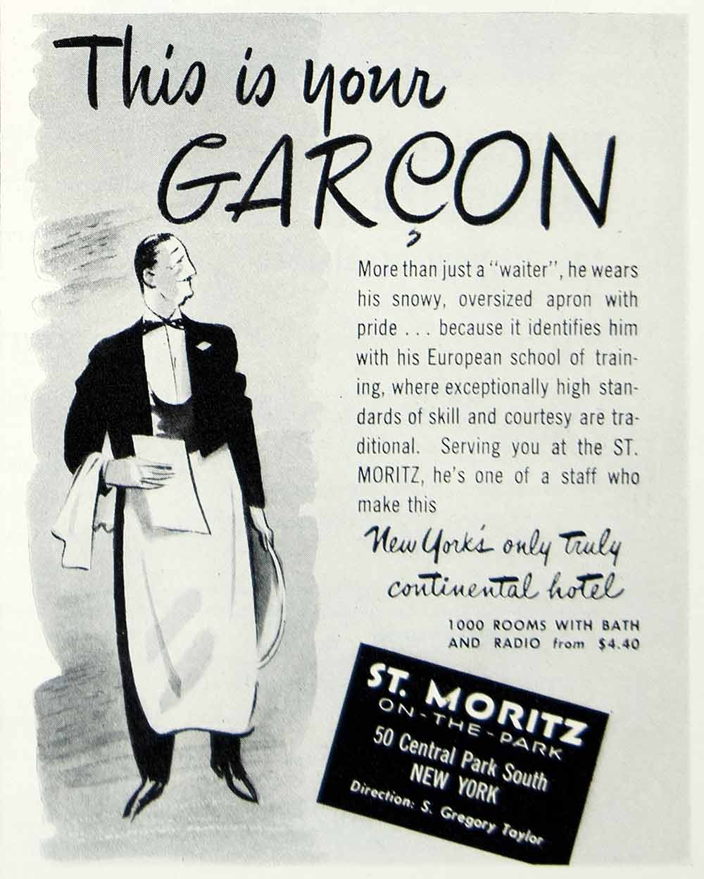 1946 Ad St. Moritz Park Garcon Waiter New York Continental Hotel Restaurant FTM1