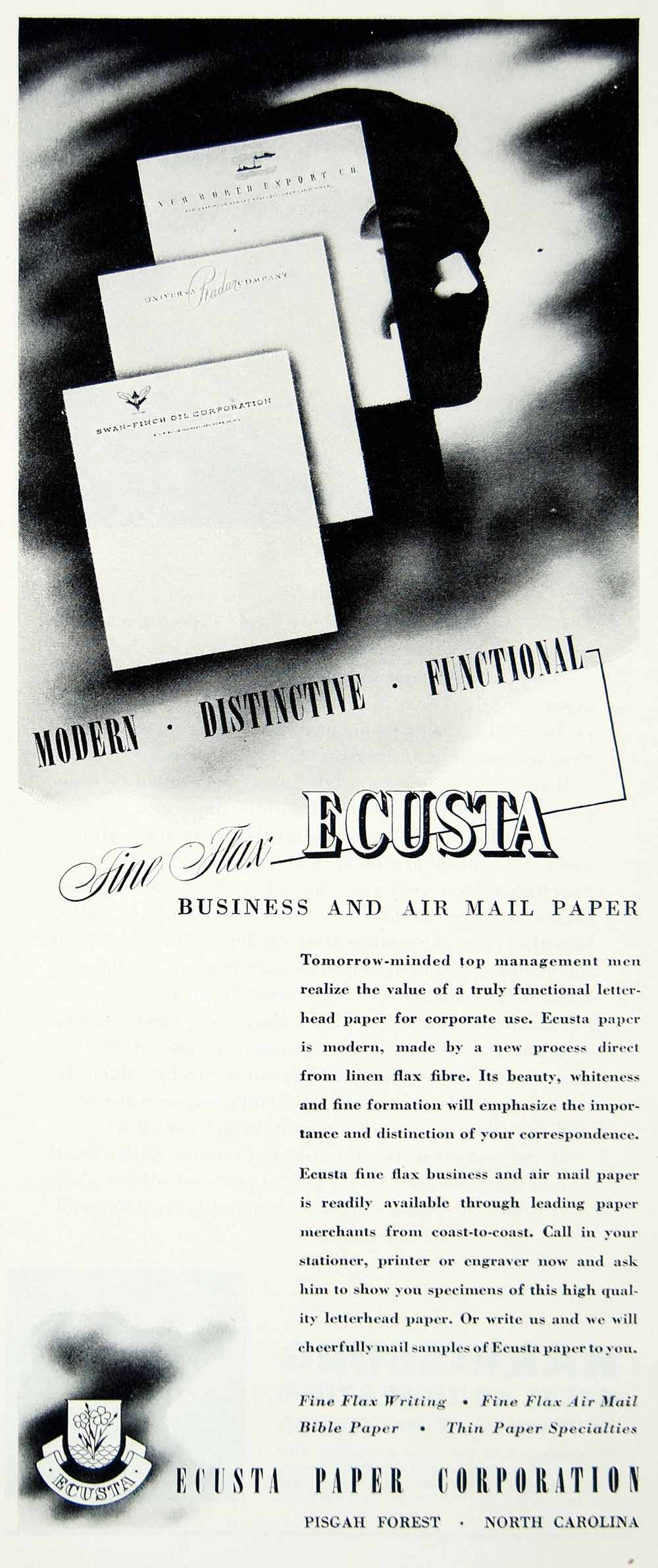 1946 Ad Ecusta Paper Corporation Pidgah Forest North Carolina Modern FTM1