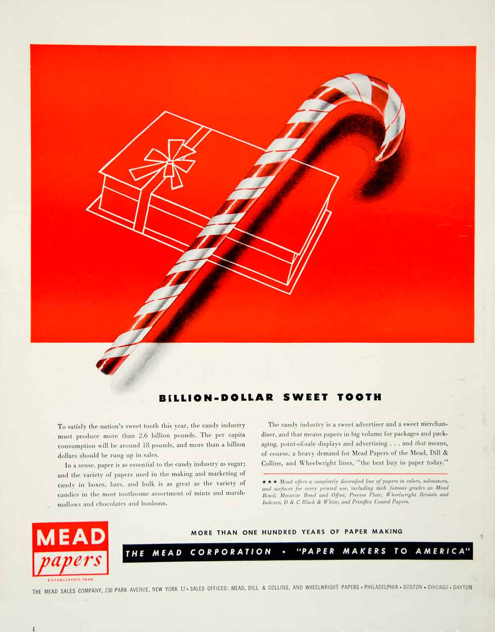 1949 Ad Present Candy Cane Sweet Tooth Mead Papers Christmas Red White FTM4
