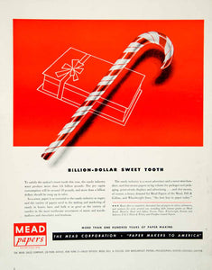 1949 Ad Present Candy Cane Sweet Tooth Mead Papers Christmas Red White FTM4