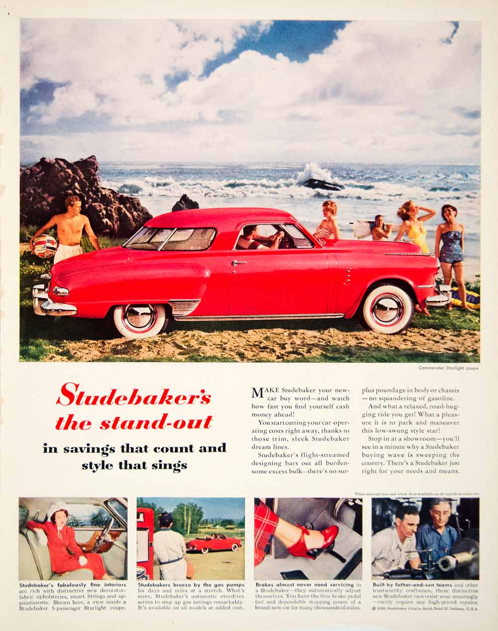 1949 Ad Studebaker's Red Automobile Beach Commander Starlight Coupe Brakes FTM4
