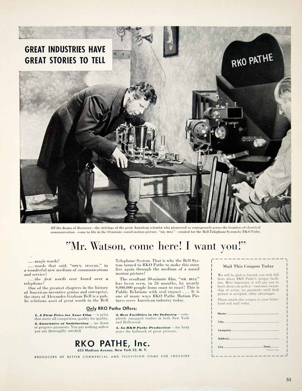 1949 Ad RKO Pathe Watson Alexander Graham Bell Filming Cameraman Actor FTM4