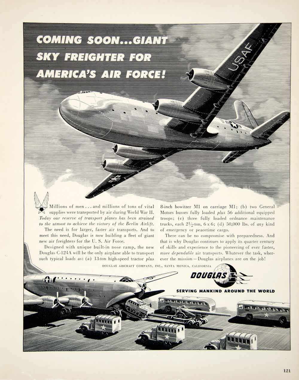 1949 Ad Douglas USAF Airplane Aeroplane Flying Freigh Transportation FTM4