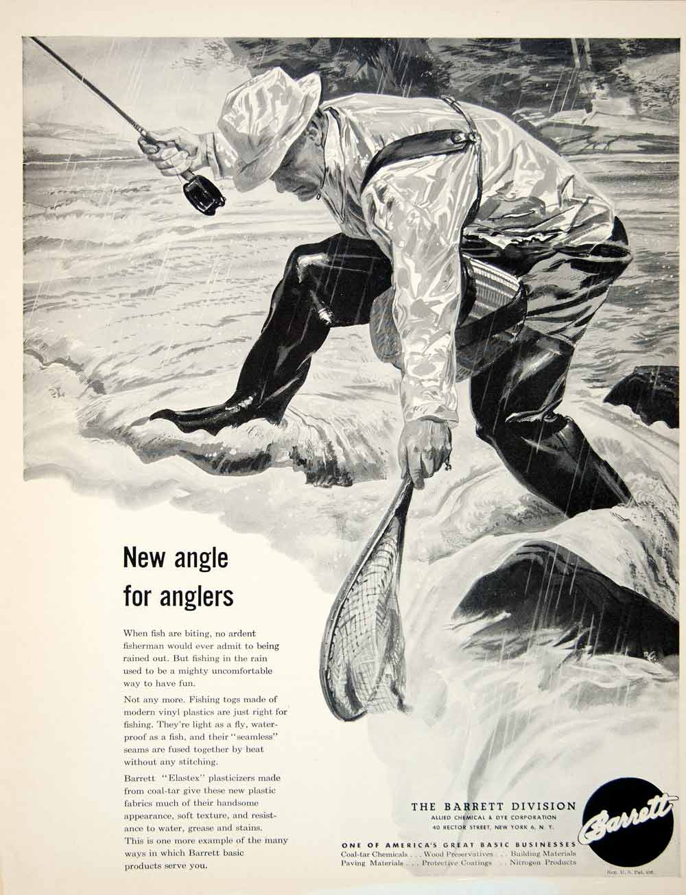 1949 Ad Angler Fishing Barrett Fisherman Tog Elastex Plastics Raining FTM4