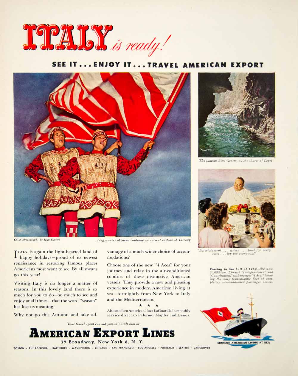 1949 Ad American Export Lines Ivan Dmitri Tuscany Siena Flag-Wavers Italy FTM4