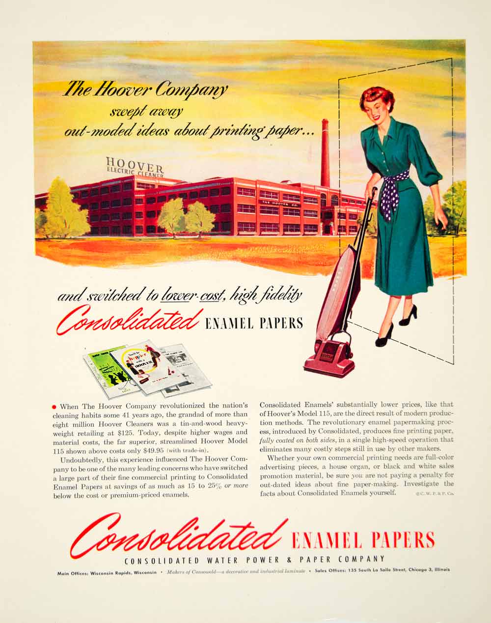 1949 Ad Hoover Consolidated Enamel Papers Vacuuming Stationary Housewife FTM4