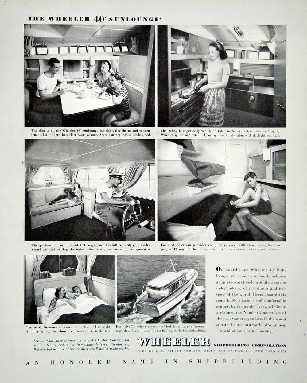 1946 Ad Wheeler 40' Sunlounge Boat Family Forties Settee Kitchen Cooking FTM4