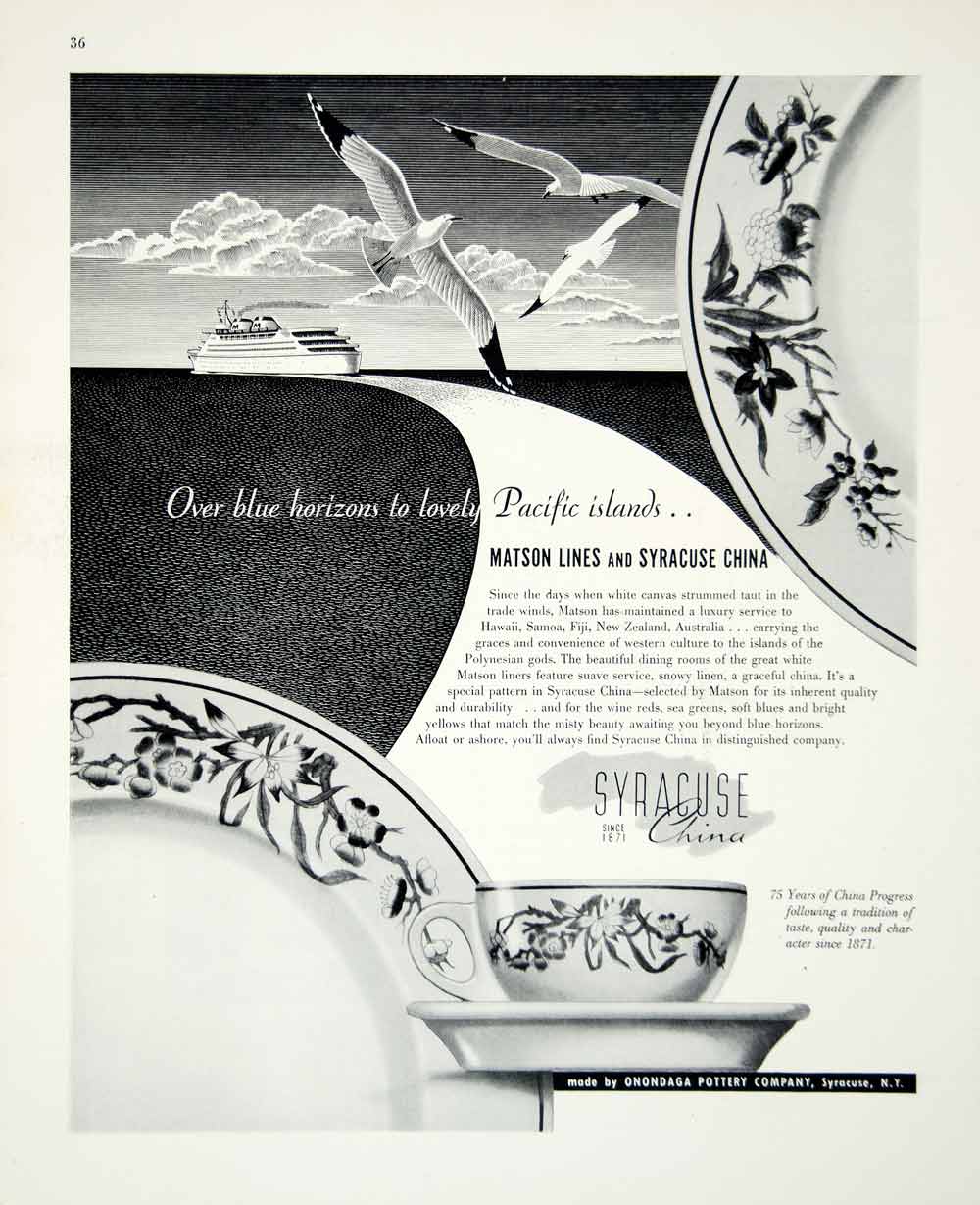 1946 Ad Syracuse Onondaga Matson Lines China Pattern Plate Teacup Seagull FTM4