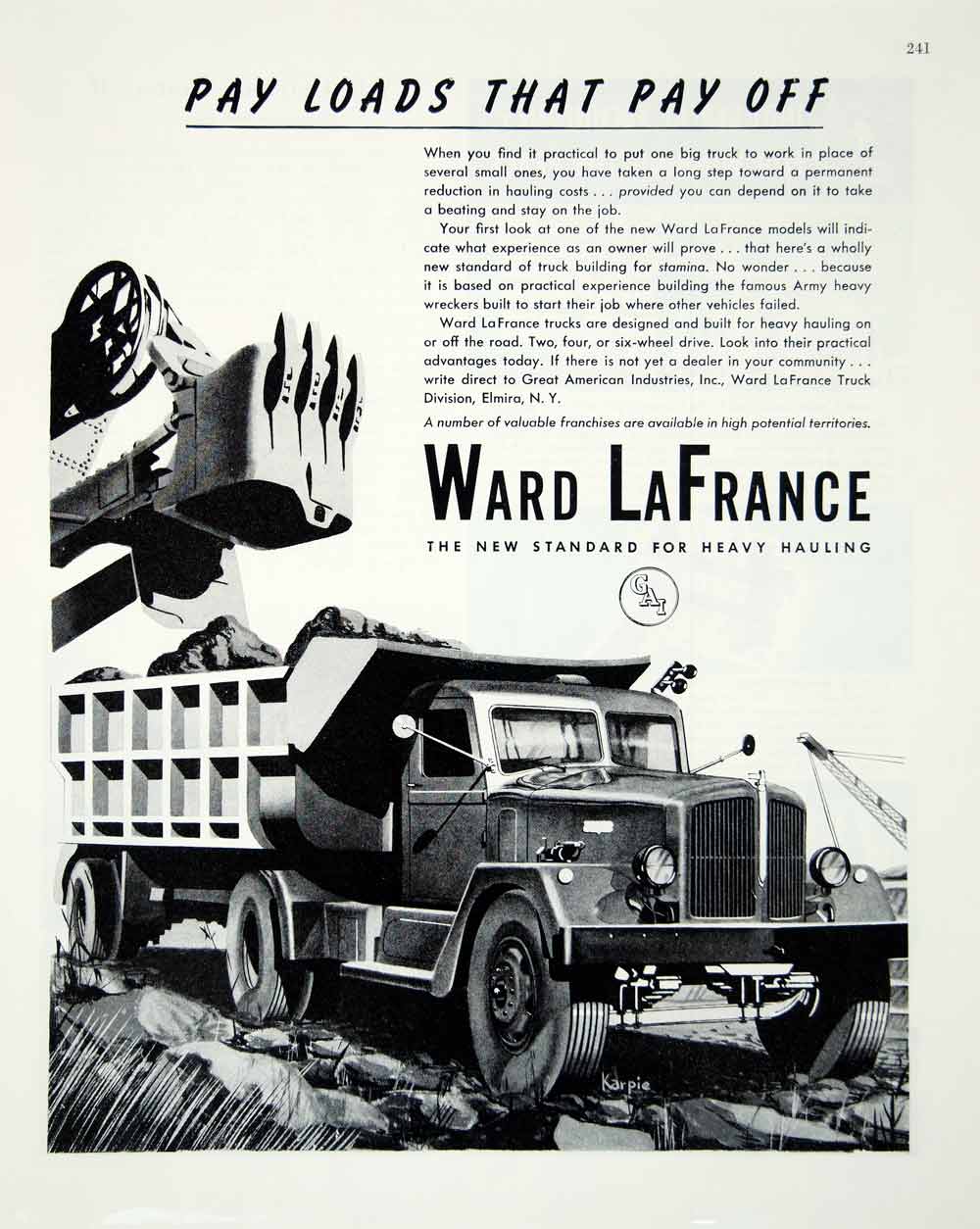 1945 Ad Ward LaFrance Truck GAI Elmira Transportation Karpie Great American FTM4