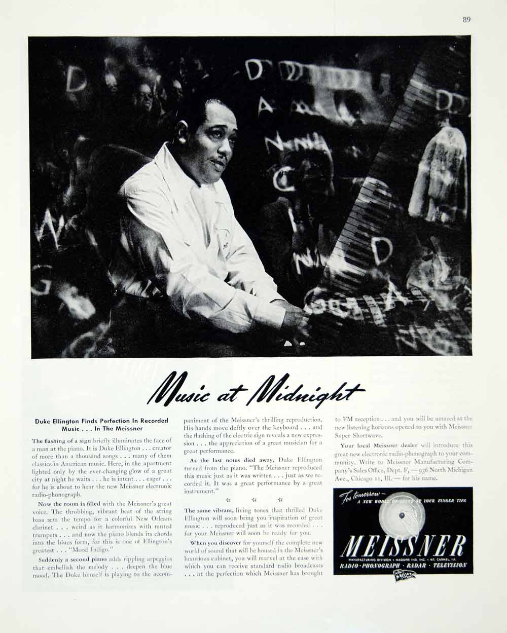 1945 Ad Duke Ellington Meissner Radio-Phonograph Musician Mood Indigo FTM4