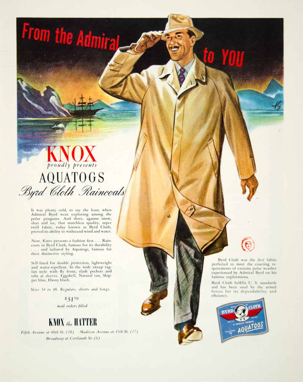 1945 Ad Byrd Know Aquatogs Raincoat Hatter Cloth A.G. Ship Polar