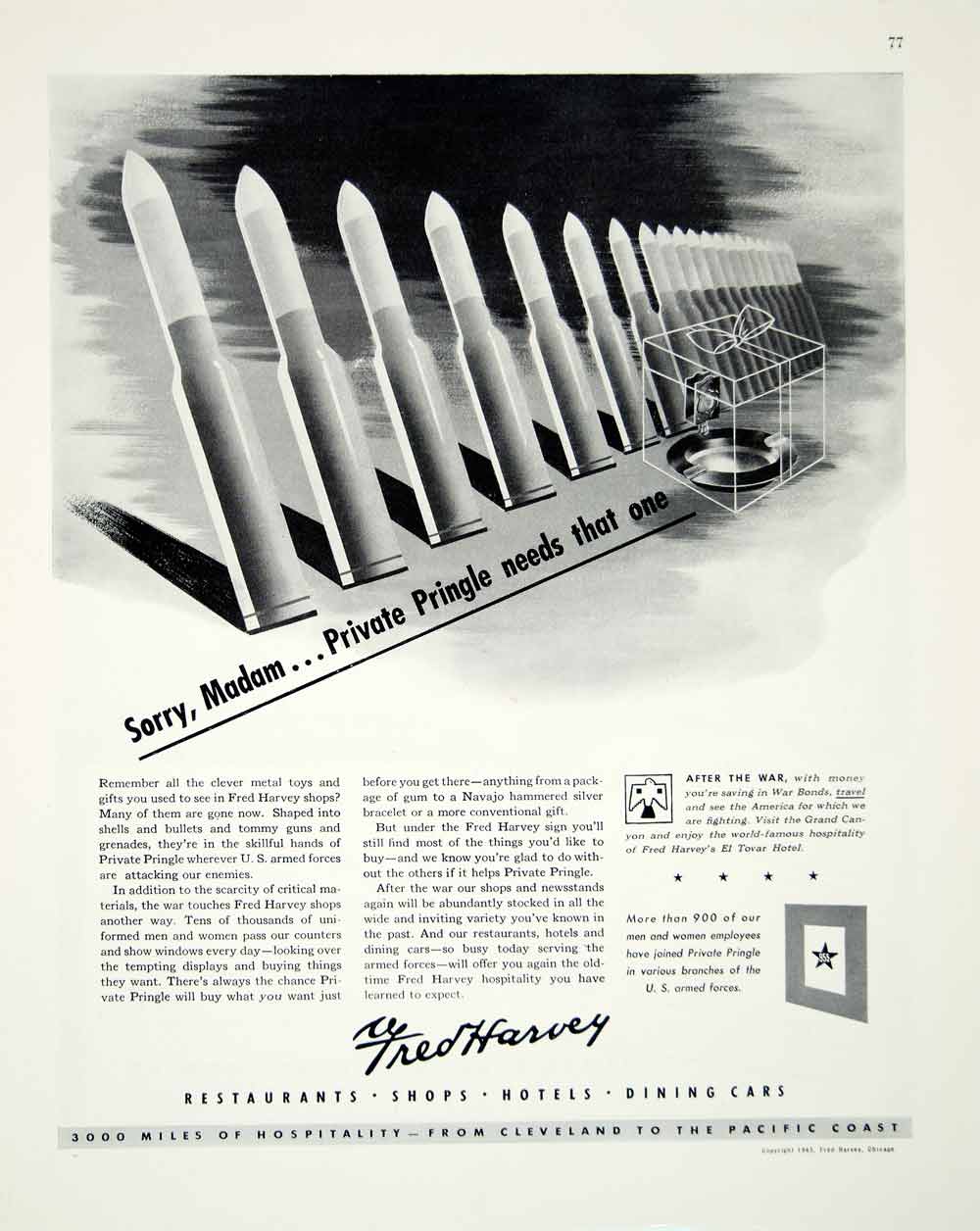 1943 Ad Fred Harvey Shell World War II Private Pringle War Bond Bullet FTM4