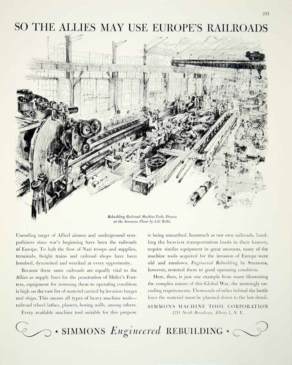 1943 Ad Simmons Allies World War II Machinery Factory Railroad Rebuilding FTM4