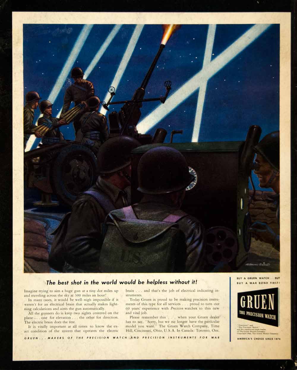 1943 Ad Gruen Watch Melbourne Brandle Anti-Aircraft Gun World War II FTM4