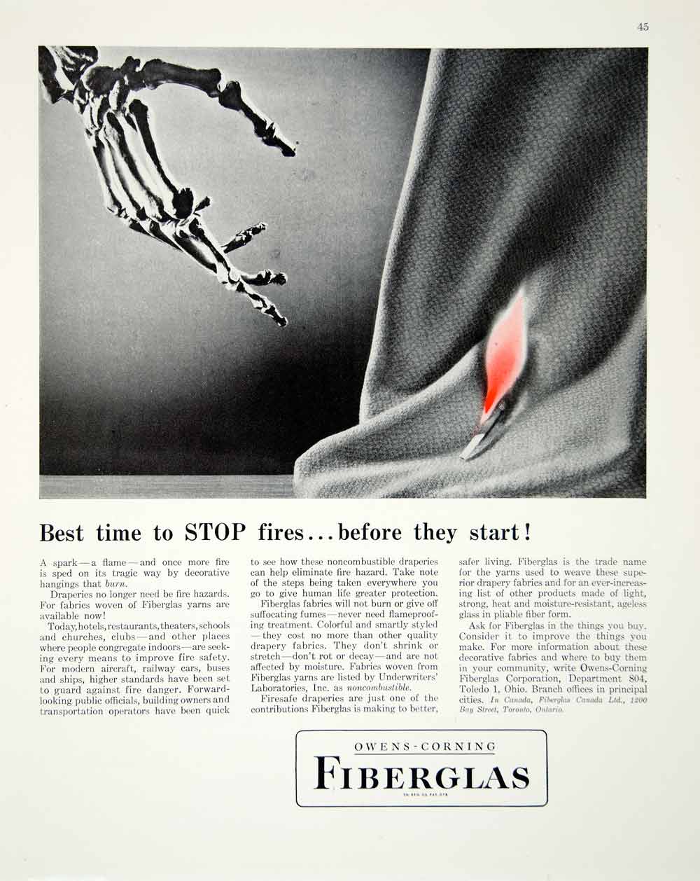1947 Ad Fiberglas Owens-Corning Skeleton Hand Fire Match Fabric Fireproof FTM